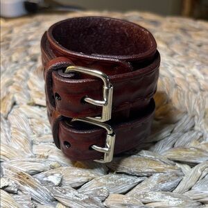 Brown Embossed Leather Double Buckle Bracelet